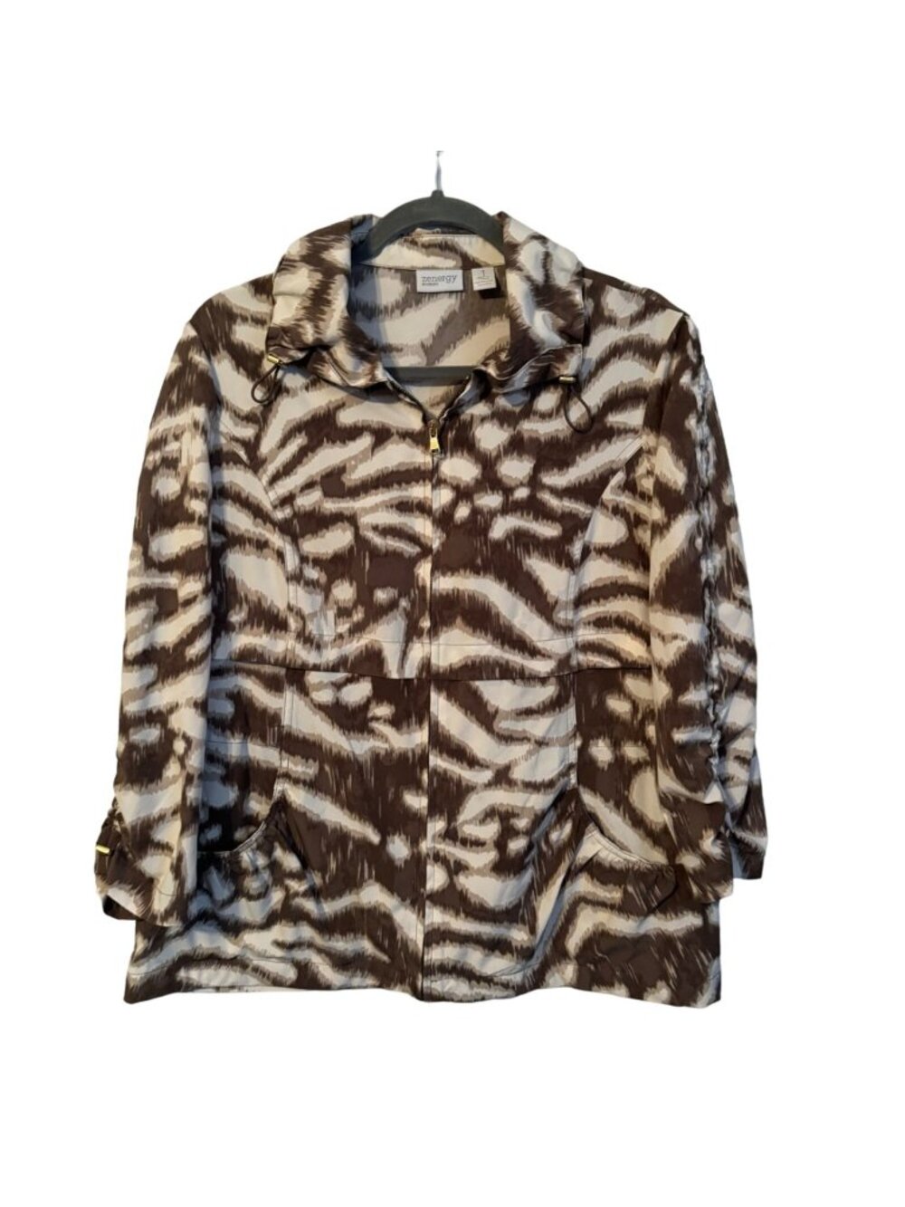 Zenergy By Chicos Womens Brown & White Abstract Jacket Size Medium jacket